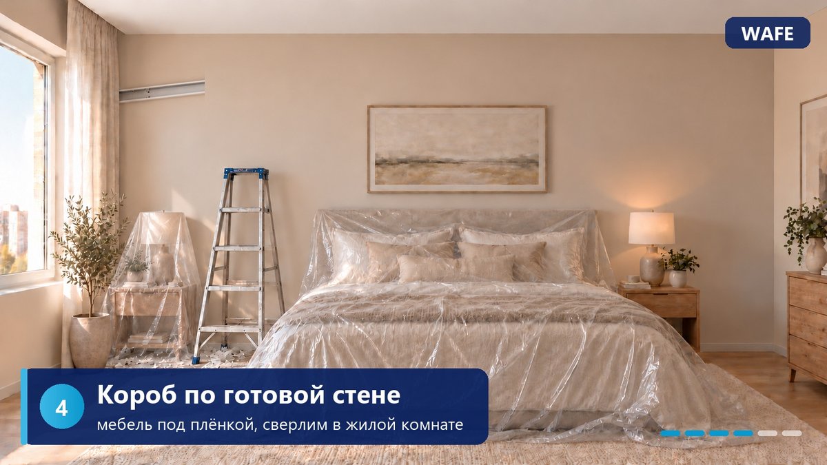Шаг 4. Мебель под плёнкой, на готовой стене открытый короб